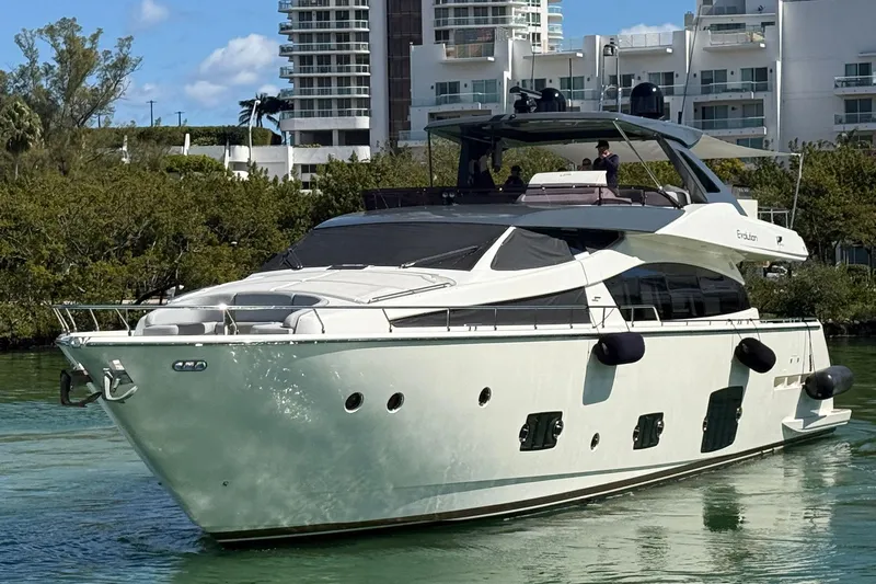 Evolution Yacht Photos Pics Luxurious 2013 Ferretti Yachts 800 cruising near modern waterfront buildings.
