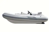 2023 AB Inflatables ABJET 290 inflatable boat, side view, white and gray design.