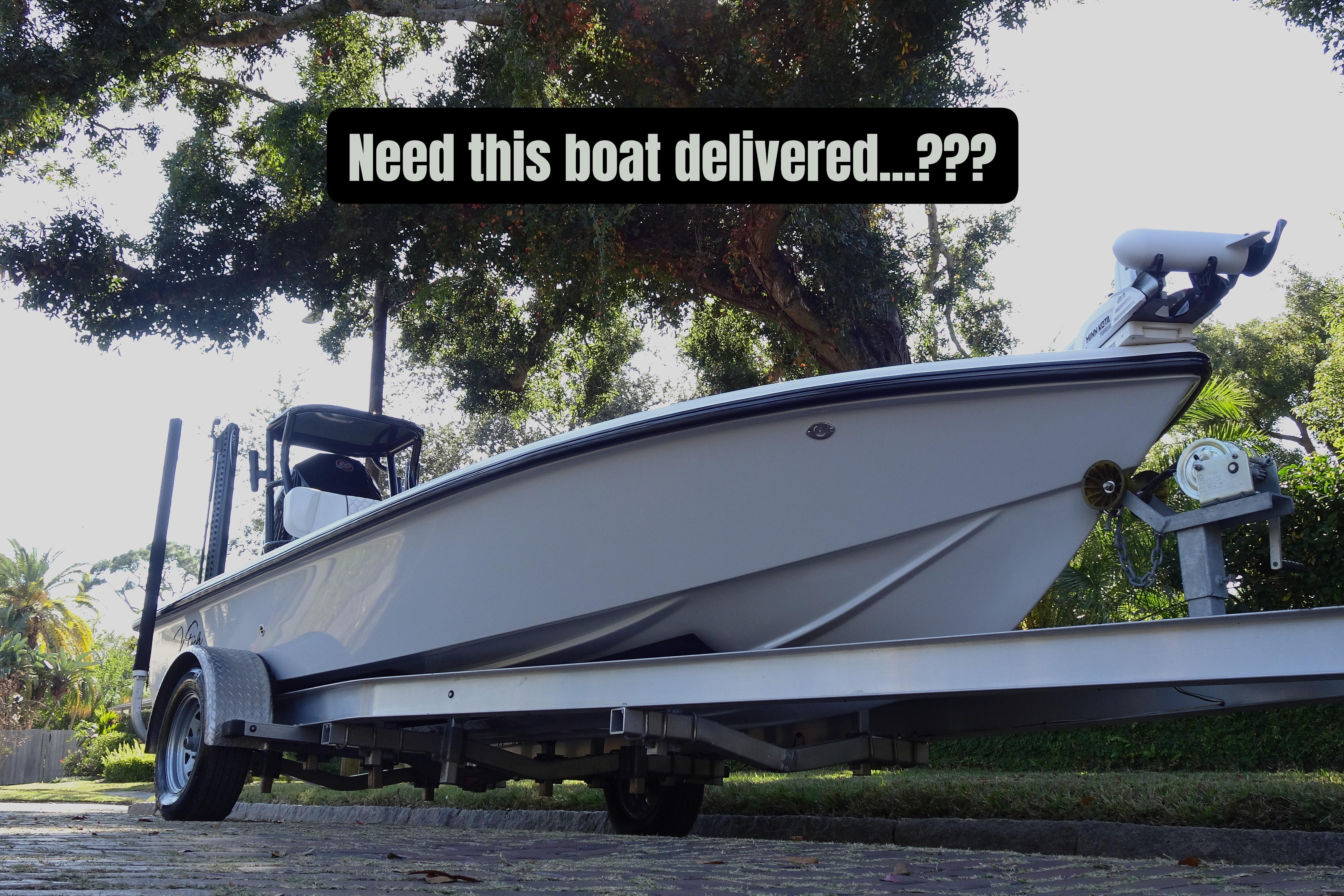 White Vtech 18 boat on trailer under trees, 2023 model, delivery inquiry text.