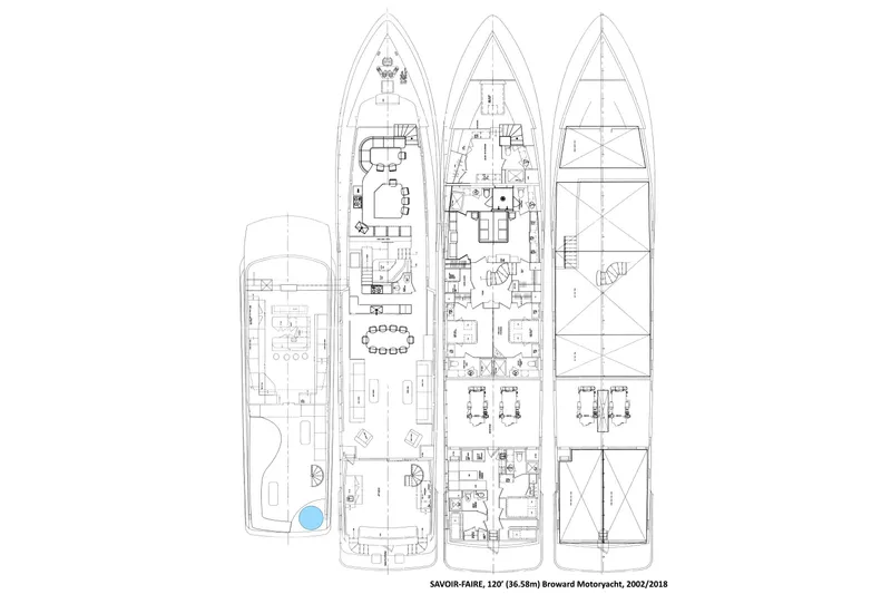 Savoir-faire Yacht Photos Pics Blueprint of 2002 Broward 120 Megayacht, detailed deck layout and design.