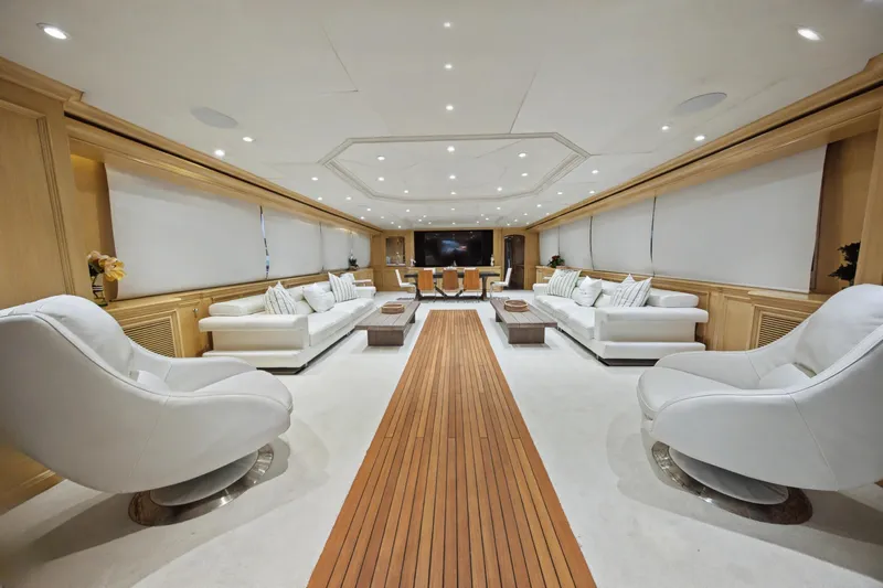 Savoir-faire Yacht Photos Pics Luxurious interior of 2002 Ocean Alexander 120 Megayacht with elegant seating and modern design.