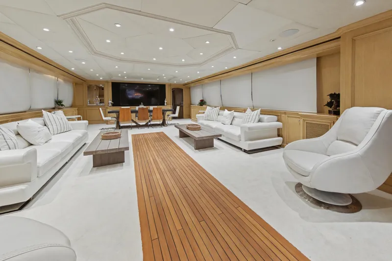 Savoir-faire Yacht Photos Pics Luxurious interior of 2002 Ocean Alexander 120 Megayacht with elegant seating and modern design.