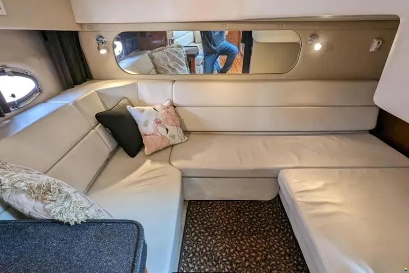  Yacht Photos Pics Interior of 2008 Regal Commodore 3760 IO yacht with beige seating and decorative pillows.