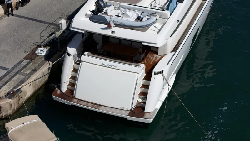 Antonina Yacht Photos Pics Ferretti Yachts 800, 2010 model, docked with tender on deck.