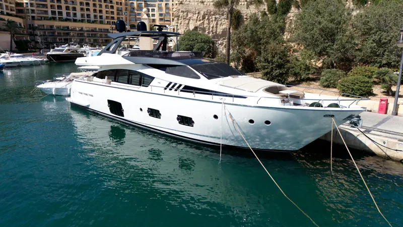 Antonina Yacht Photos Pics Luxurious 2010 Ferretti Yachts 800 moored in a scenic marina.