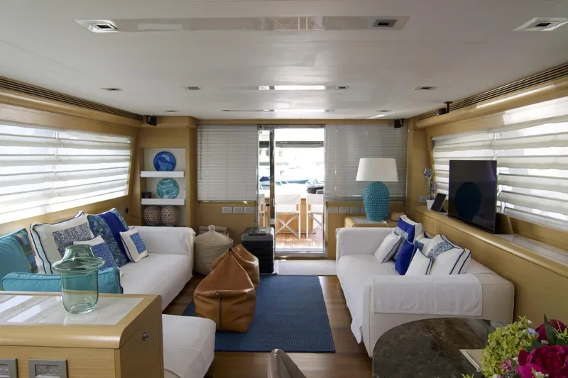 Antonina Yacht Photos Pics Luxurious interior of 2010 Ferretti Yachts 800 with elegant decor and comfortable seating.