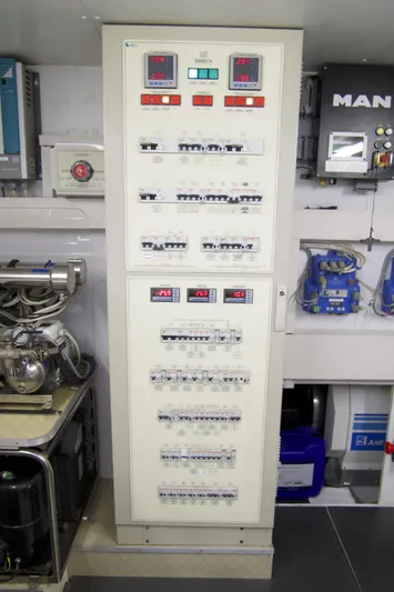 Antonina Yacht Photos Pics Electrical control panel in 2010 Ferretti Yachts 800 engine room.