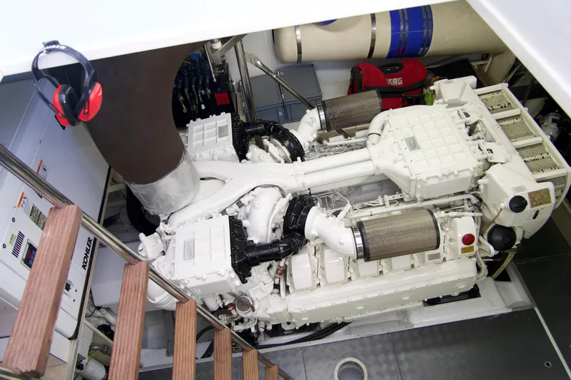 Antonina Yacht Photos Pics Engine room of 2010 Ferretti Yachts 800, showcasing powerful marine engine components.