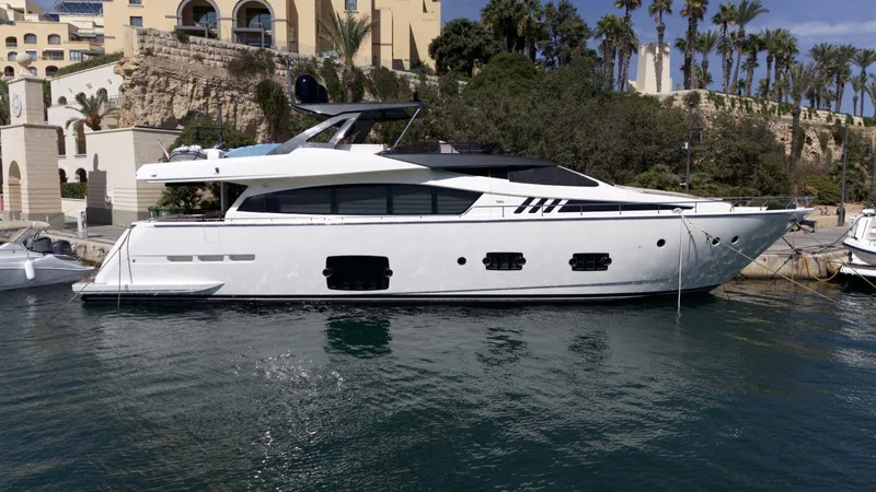 Antonina Yacht Photos Pics 2010 Ferretti Yachts 800 docked in a scenic marina setting.