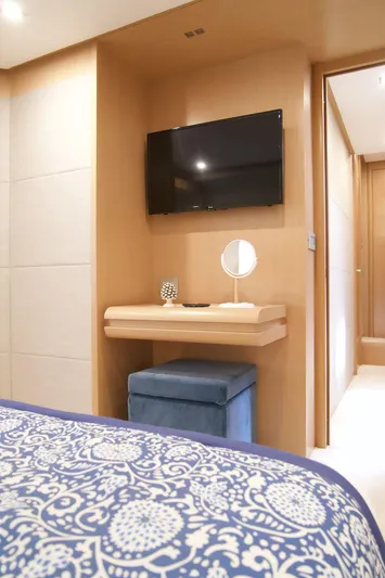 Antonina Yacht Photos Pics Luxurious Ferretti Yachts 800 interior with TV, vanity, and elegant decor, 2010 model.