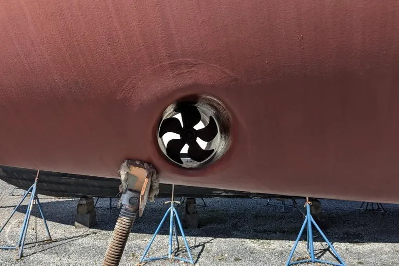  Yacht Photos Pics Bottom view of a 2006 Alerion Express 38 sailboat with visible propeller.