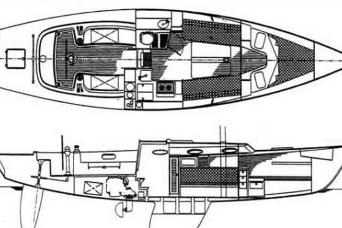  Yacht Photos Pics Blueprint of 2006 Alerion Express 38 sailboat, showcasing interior layout and design.