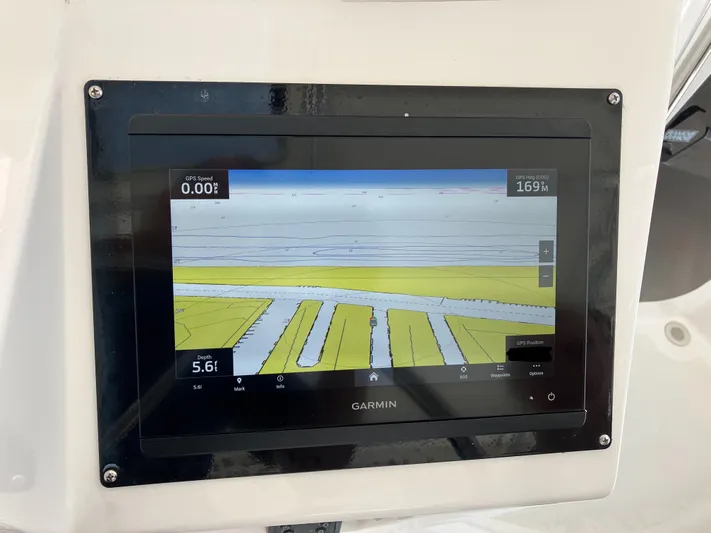 Bel Tempo Yacht Photos Pics Garmin navigation display on 2008 Manta 42 MkIV yacht dashboard.