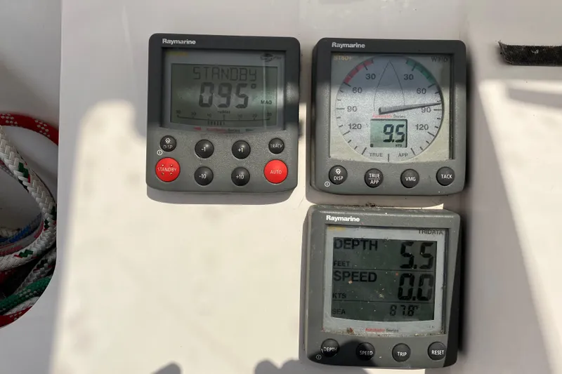 Bel Tempo Yacht Photos Pics Raymarine navigation instruments on 2008 Manta 42 MkIV sailboat dashboard.