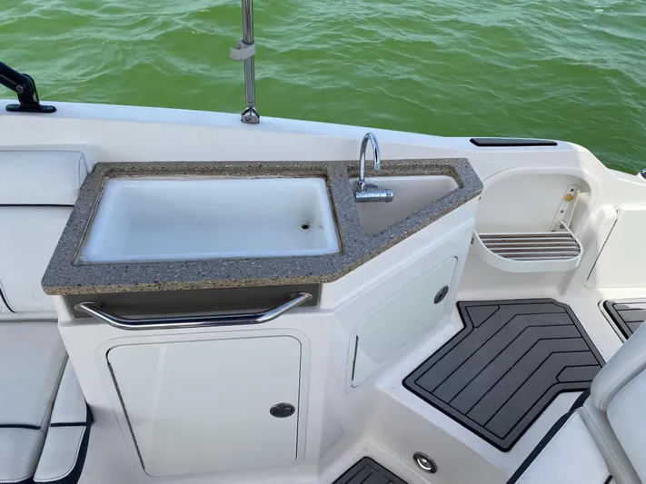 2015 Sea Ray 290 Sundeck Yacht Photos Pics 2015 Sea Ray 290 Sundeck boat with onboard sink and countertop, set against green water.