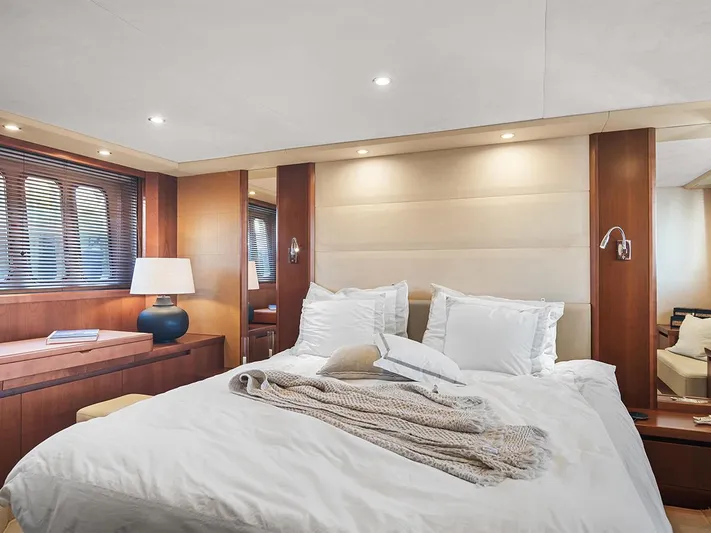  Yacht Photos Pics Luxurious bedroom interior of 2008 Princess V65 yacht with elegant bedding and warm lighting.