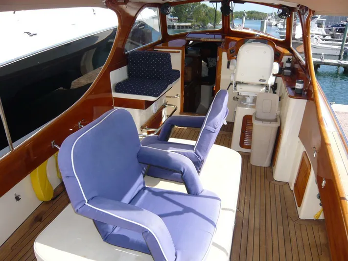 Courage Yacht Photos Pics Hinckley 36 Classic 1998 yacht interior with blue cushioned seating and wooden accents.