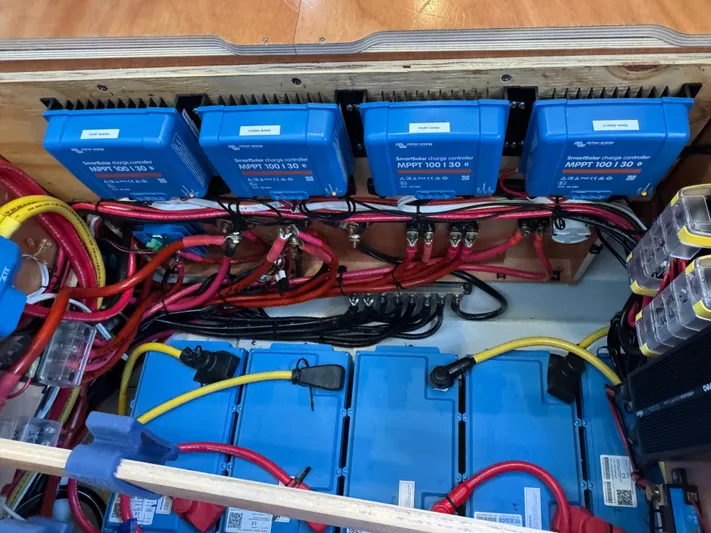  Yacht Photos Pics Electrical system of a 2017 Lagoon 450 F yacht with multiple charge controllers.