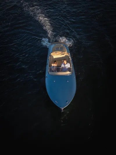  Yacht Photos Pics 2022 Seven Seas Yachts Hermes Speedster cruising on dark water, aerial view.