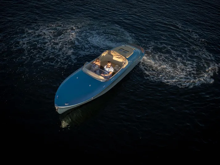  Yacht Photos Pics 2022 Seven Seas Yachts Hermes Speedster cruising on dark water, aerial view.
