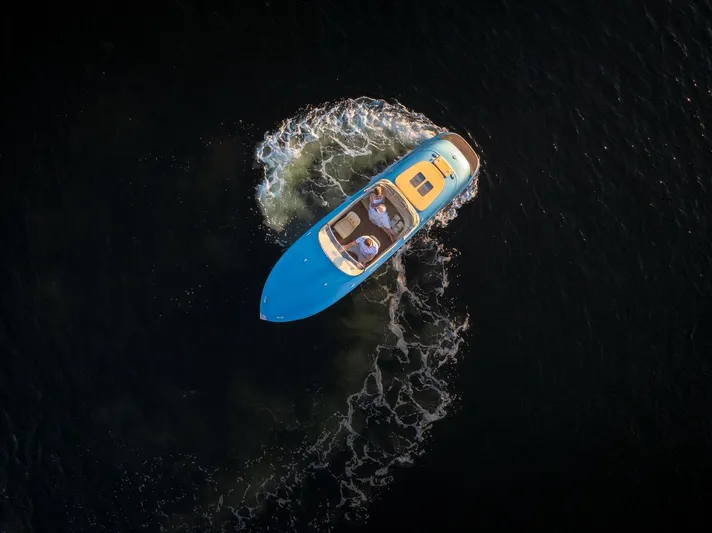  Yacht Photos Pics Aerial view of 2022 Seven Seas Yachts Hermes Speedster on dark water.