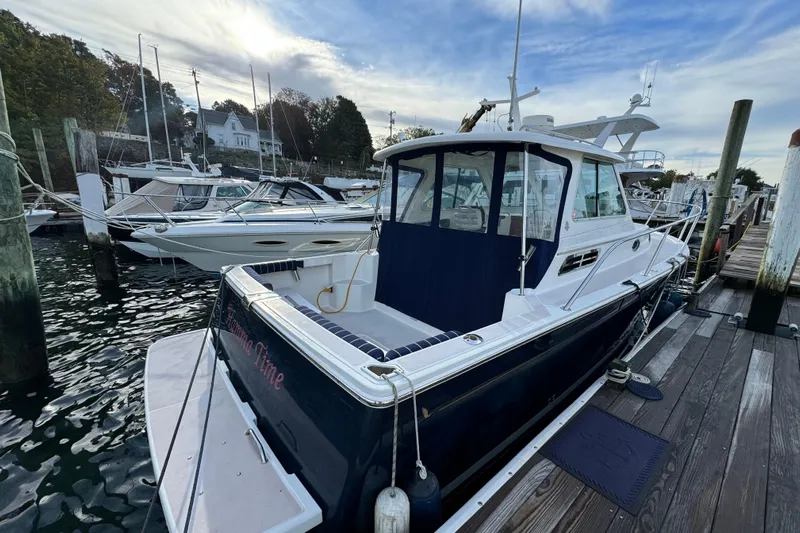  Yacht Photos Pics 2006 BackCove 29 boat docked at marina under a partly cloudy sky.