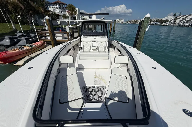  Yacht Photos Pics Luxury Streamline 45 boat docked in marina, showcasing sleek design and spacious seating, 2020 model.