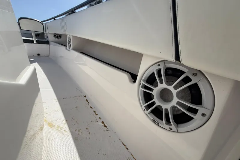  Yacht Photos Pics Interior of 2020 Streamline 45 boat featuring built-in speakers and sleek white design.