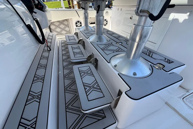  Yacht Photos Pics Interior of 2020 Streamline 45 boat with patterned flooring and metal fixtures.
