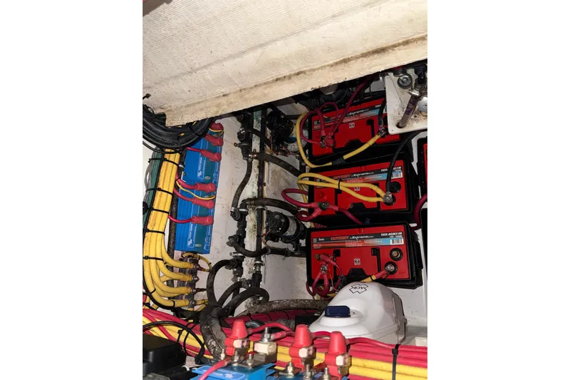  Yacht Photos Pics Electrical system with batteries and wiring in a 2020 Streamline 45 model.