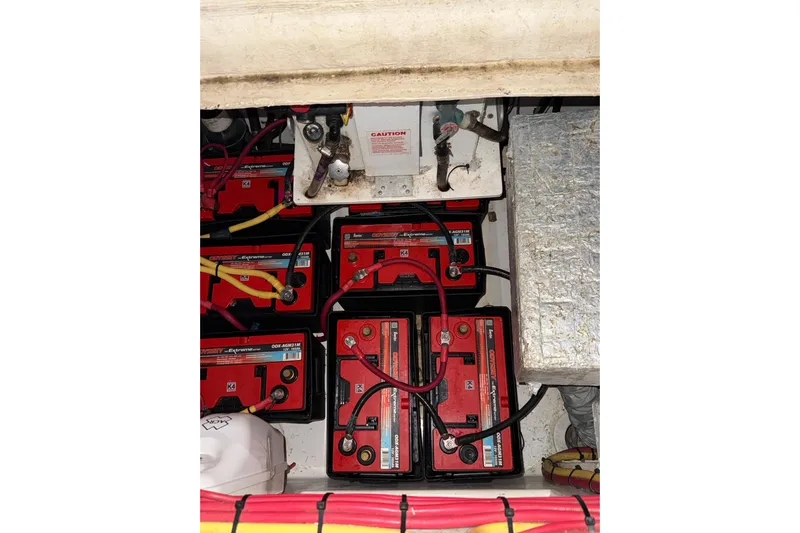  Yacht Photos Pics Battery compartment of a 2020 Streamline 45, featuring multiple Odyssey Extreme batteries.