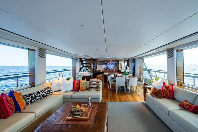  Yacht Photos Pics Luxurious interior of 2022 Princess X95 yacht with elegant seating and ocean views.