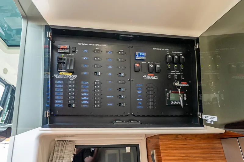  Yacht Photos Pics Electrical panel of 2024 Boston Whaler 405 Conquest boat, showcasing control systems.