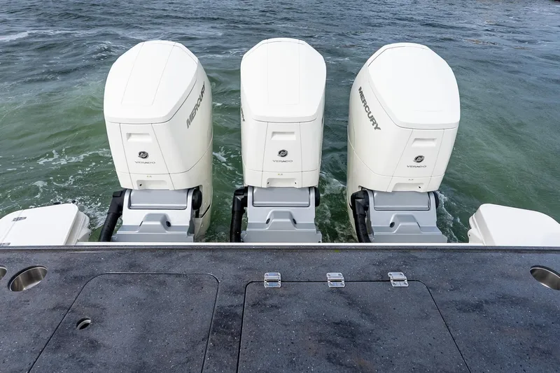  Yacht Photos Pics 2024 Boston Whaler 405 Conquest with triple Mercury Verado outboard engines.