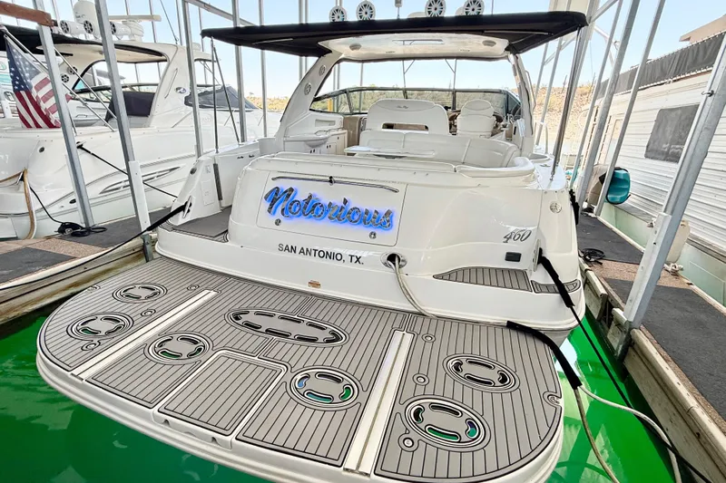 Notorious Yacht Photos Pics 2003 Sea Ray 460 Sundancer yacht docked, featuring "Notorious" nameplate, San Antonio, TX.