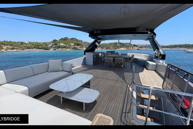  Yacht Photos Pics Luxurious 2023 Numarine 22 XP yacht flybridge with elegant seating and scenic ocean view.