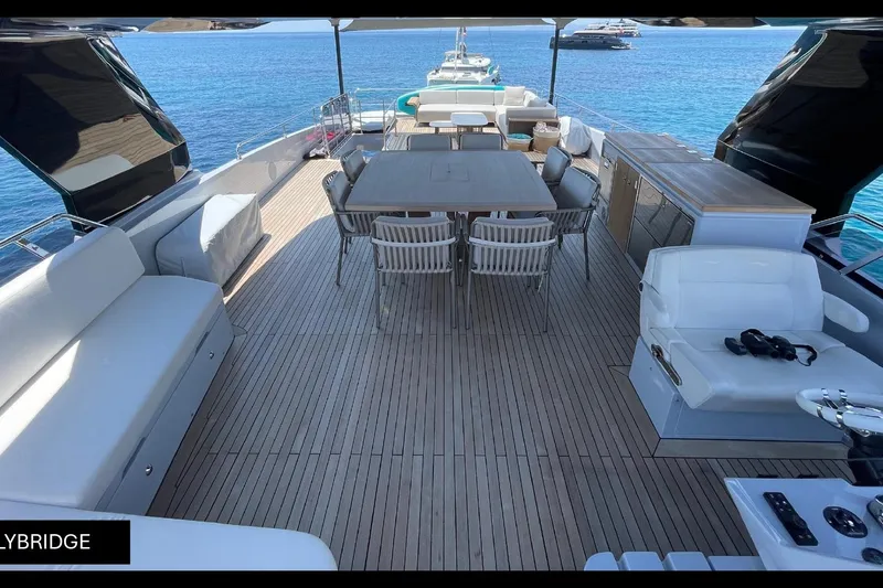  Yacht Photos Pics Luxurious 2023 Numarine 22 XP yacht flybridge with elegant seating and dining area.