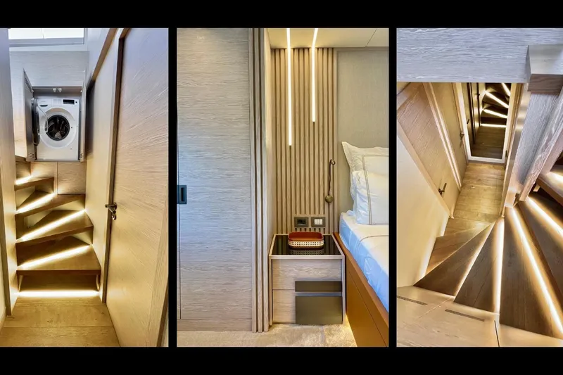  Yacht Photos Pics Luxurious interior of 2023 Numarine 22 XP yacht featuring modern stairs and bedroom design.