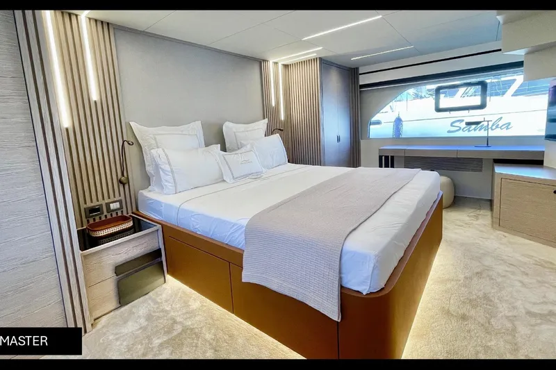  Yacht Photos Pics Luxurious master bedroom in 2023 Numarine 22 XP yacht, featuring modern design and elegant decor.