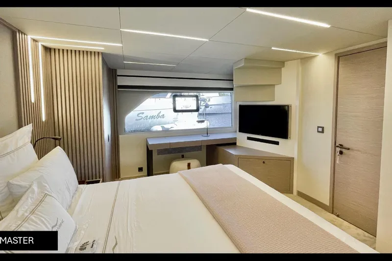  Yacht Photos Pics Luxurious master bedroom in 2023 Numarine 22 XP yacht, featuring modern design and elegant furnishings.