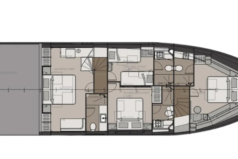  Yacht Photos Pics Floor plan of 2023 Numarine 22 XP yacht, featuring cabins and living spaces.