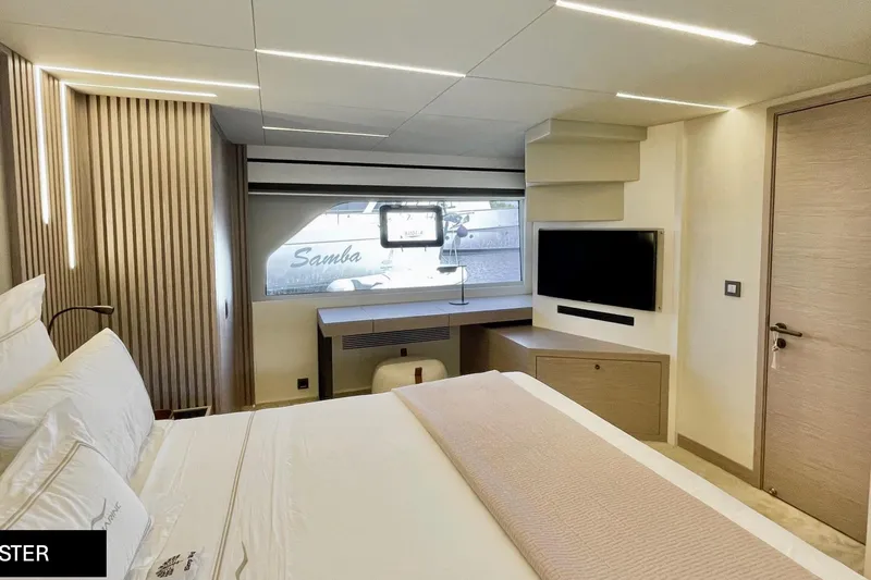  Yacht Photos Pics Luxurious interior of 2023 Numarine 22 XP yacht with modern bedroom design.