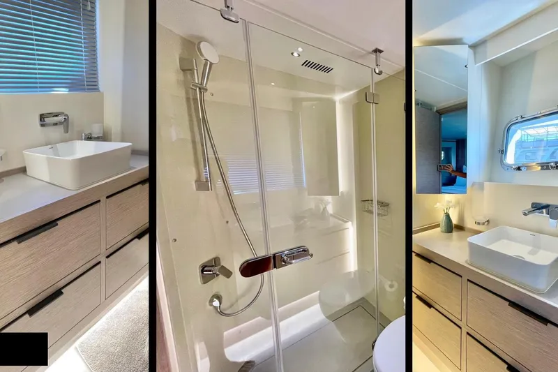  Yacht Photos Pics Luxurious bathroom interior of 2023 Numarine 22 XP yacht, featuring modern sink and shower.
