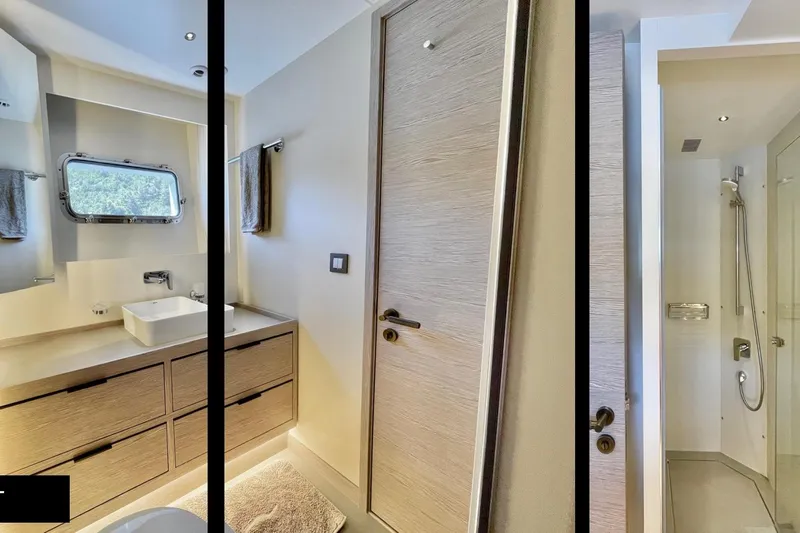  Yacht Photos Pics Luxurious bathroom interior of 2023 Numarine 22 XP yacht, featuring modern fixtures and elegant design.