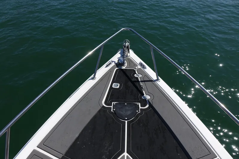 Shaka Yacht Photos Pics Bow of 2002 Fountain 38 CC Tournament Edition boat on water.