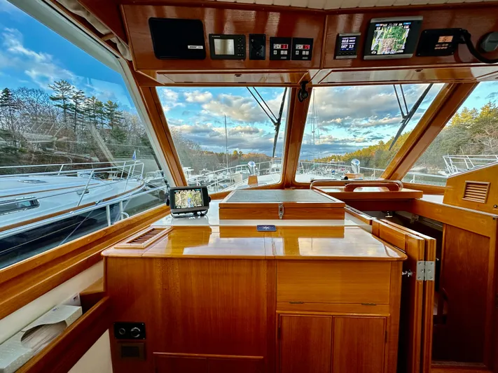 Moonshadow Yacht Photos Pics 2004 Grand Banks 49 Eastbay HX helm with wooden dashboard and navigation equipment.