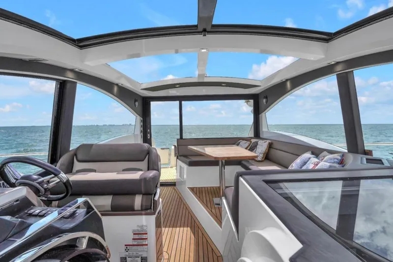 Empire Yacht Photos Pics Interior of 2017 Galeon 445 HTS yacht with ocean view and modern seating.