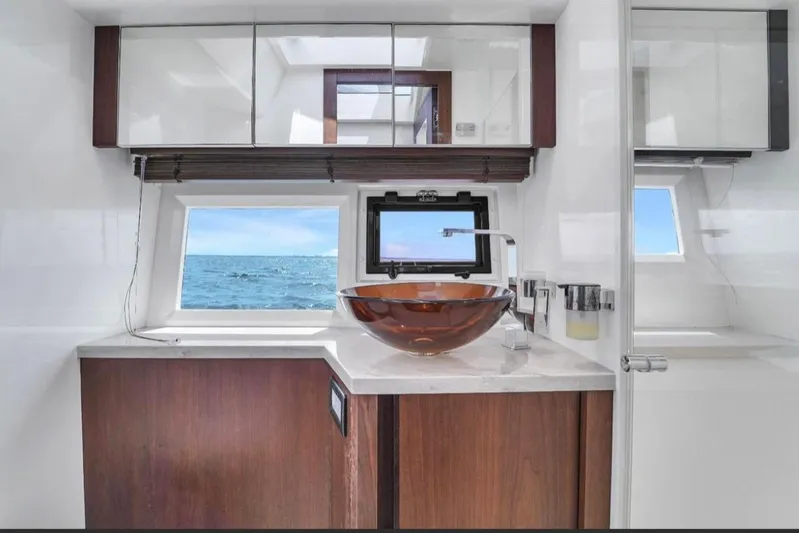 Empire Yacht Photos Pics Luxurious bathroom interior of 2017 Galeon 445 HTS yacht with ocean view.