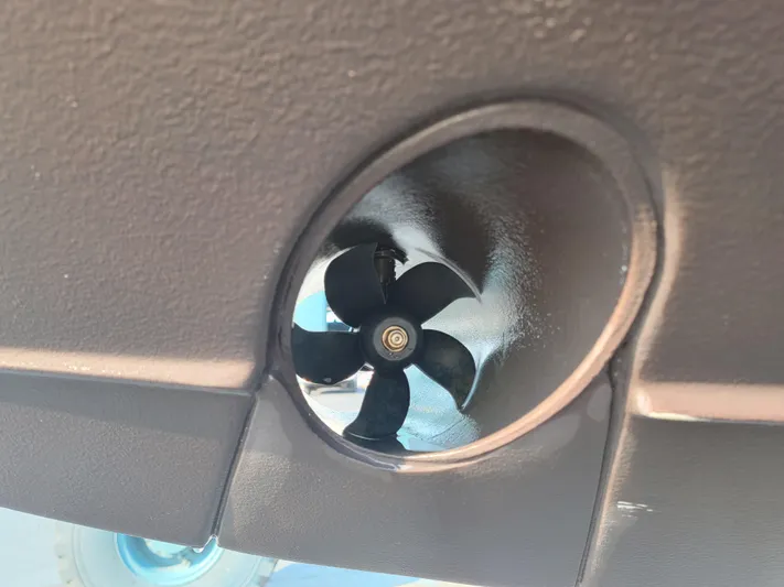 Over Bohr’d Yacht Photos Pics Close-up of a 2023 Pursuit S 328 Sport boat's propeller detail.