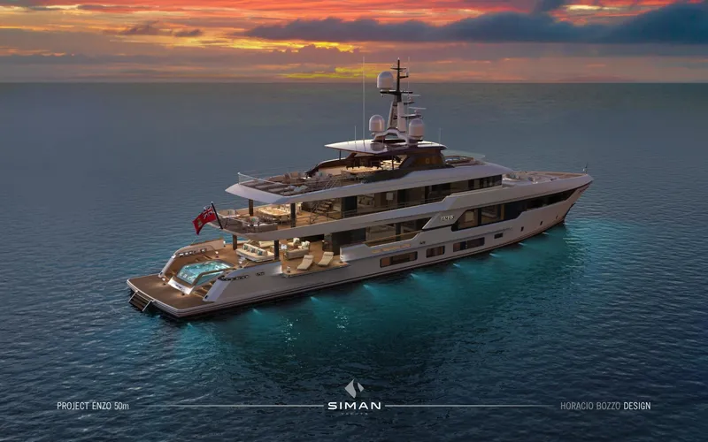  Yacht Photos Pics Luxury Siman Yachts ENZO 2026 model cruising at sunset, showcasing elegant design and modern features.